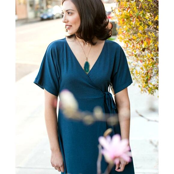 Ann Taylor Loft 14 Classic Wrap Midi Dress $149 Short Sleeve Rayon Teal Blue EUC - Picture 1 of 7